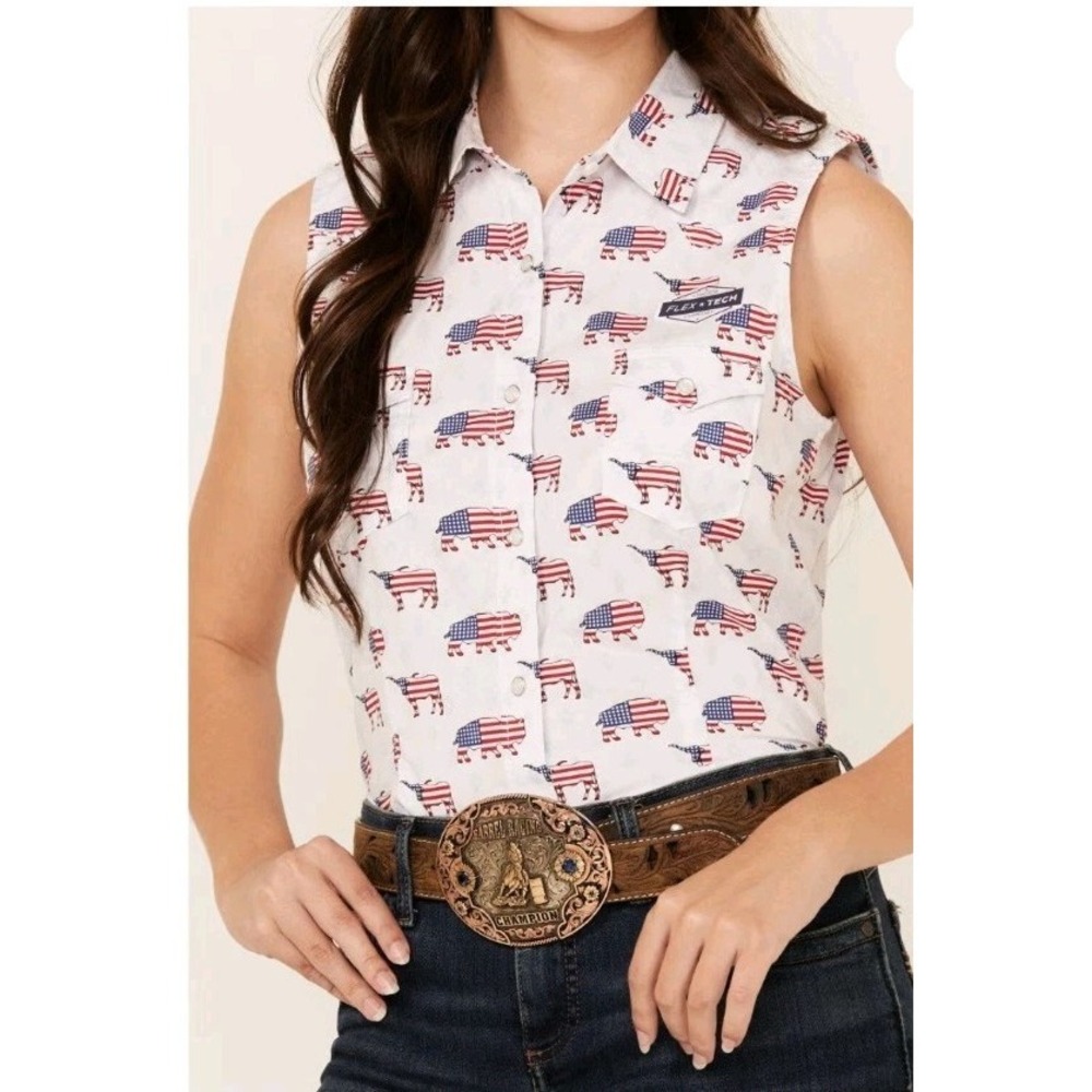 Panhandle Rough Stock Sleeveless Shirt M American Pearl Snap Stretch Western